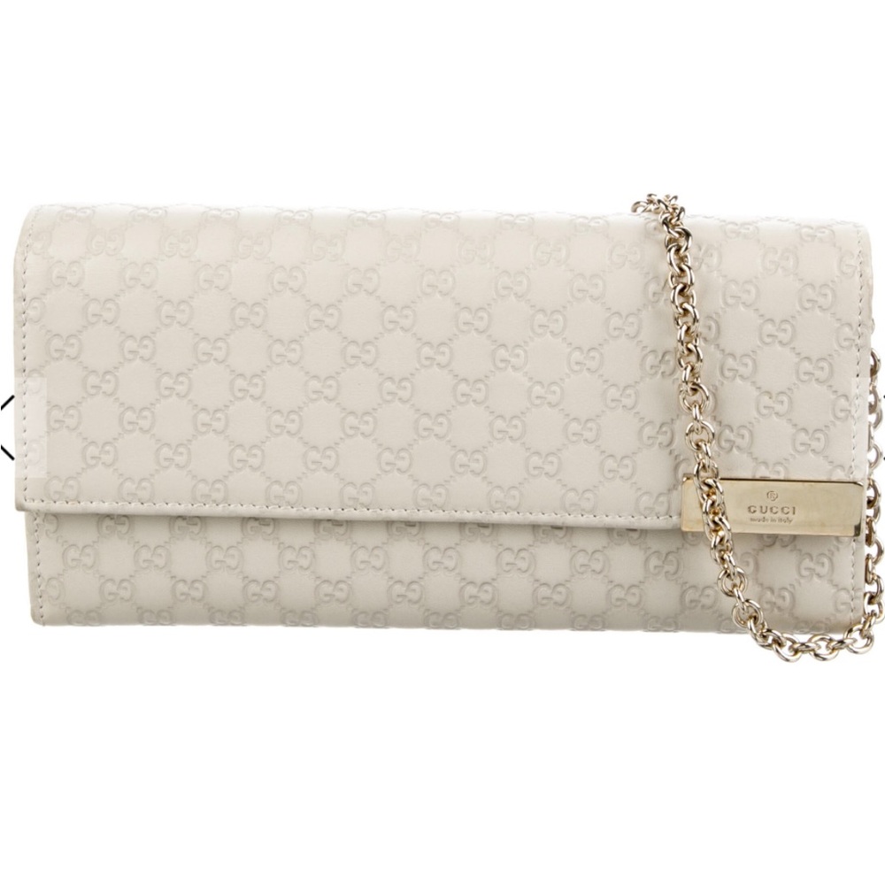 GUCCI Authentic Beige Embossed Clutch with Chain
